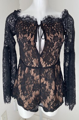 Tobi Black Floral Lace Romper Shorts Fringe Tie Zip Lined Womens