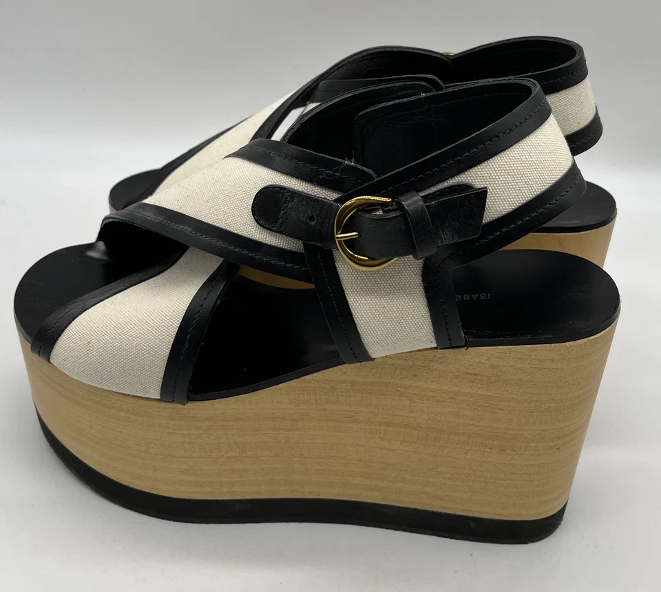 Isabel Marant 'Zlova' слинга черный/белый кожи/ткани платформе сандалии sz39 - Изображение 3 из 4