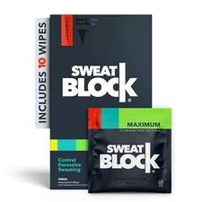SweatBlock Clinical Strength Antiperspirant Wipes Hyperhidrosis & Sweating 10 CT