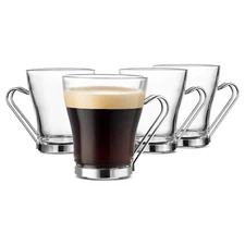 Bormioli Rocco Oslo Glass Cappuccino Cup With SS Handle 7.5Oz 4 Set Clear Silver