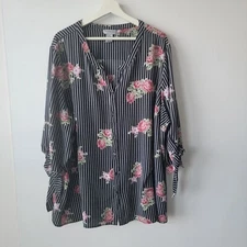 Catherines tops Womens size 3x Striped Floral Button Up Coquette sleeve Tie