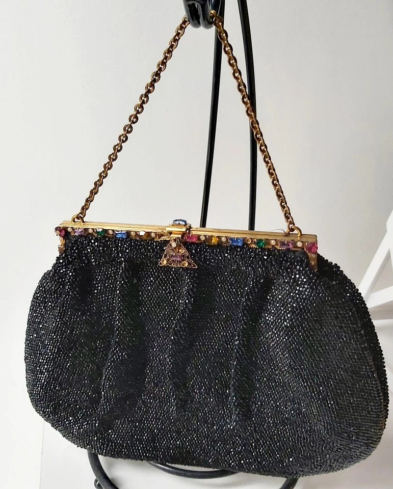 Vintage Antique Black Micro Bead And Multicolor Jewel Evening Bag Handbag Purse - Image 2 of 4