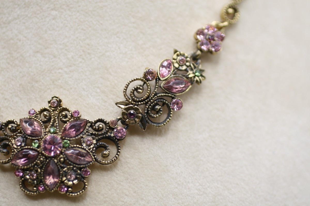Vintage Avon Pink Rhinestone Floral Necklace, Green Rhinestone Accents S17 View 3