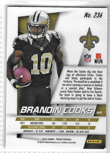 2014 Panini Prizm #236 Brandin Cooks RC Base Rookie Card - Bild 2 von 2