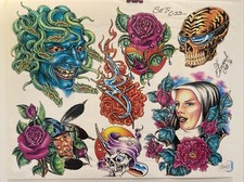 Vintage 1995 Wall Art Tattoo Flash Sheet By Edward Lee Skull Flower Rose Nun