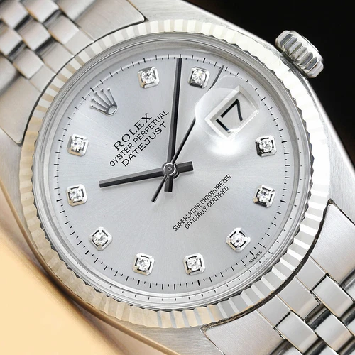 ROLEX MENS DATEJUST 1601 18K WHITE GOLD STAINLESS STEEL SILVER DIAMOND WATCH