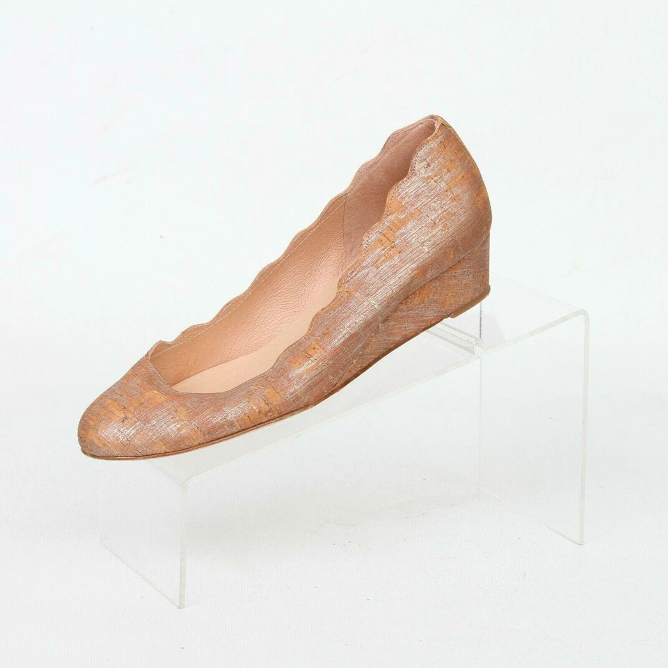 Zapatos de tacón de cuña sin cordones de vieira de cuero marrón plateado con suela francesa NY para mujer 6,5 Foto 4 de 4