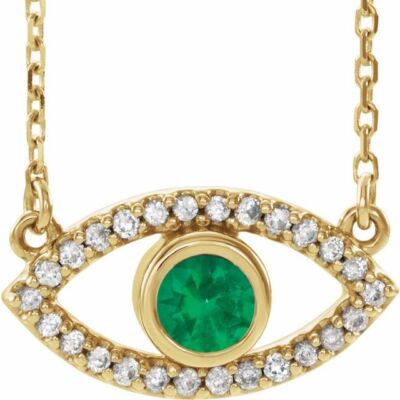 14K gelber im Labor gezüchteter Smaragd & natürlicher weißer Saphir Evil Eye 18'' Halskette