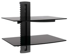 2 TIER DUAL GLASS SHELF WALL MOUNT UNDER TV CABLE BOX COMPONENT DVR DVD BRACKET