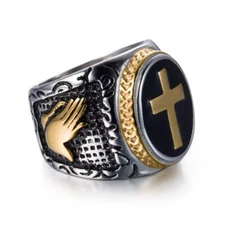 Men Holy Cross Ring Stainless Steel Prayer Hand Christian Band Enamel Gifts