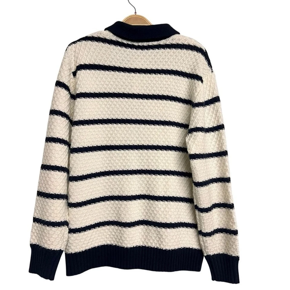 Мужская вязаная рубашка-поло Zara в полоску с длинным рукавом белая синяя большого размера - Изображение 4 из 4