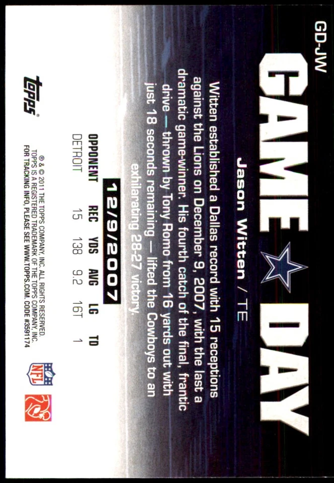 Jason Witten 2011 Topps #GD-JW Cowboys NFL READ FREE SHIPPING AutographDen - Image 2 of 2