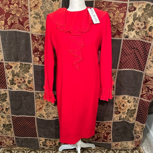 Bill Blass, VINTAGE Bill Blass Midi Dress Women's 8 Red Ruffle Long Sleeve 100% Wool