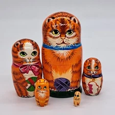4" Red cat Nesting dolls Matryoshka 5 in 1 Cats Russian doll Handmade Ukraine