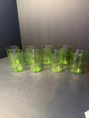 8 Uranium Vaseline Glass Tumblers Honeycomb Coin Dot UV Glow Depression