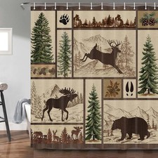Rustic Cabin Shower Curtain for Bathroom, Forest Bear Deer Wildlife Country