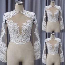 Lace Appliques Wedding Jacket Long Sleeves Bride Bridal Shrugs Wraps High Neck