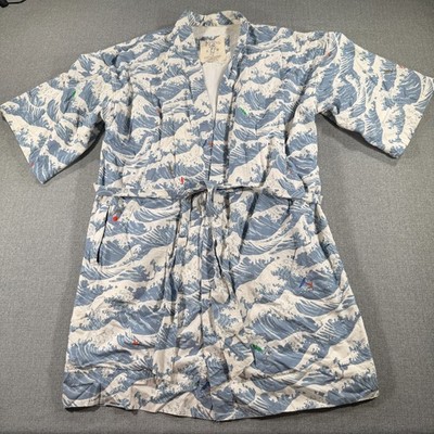 El Garibaldi Yukata Robe Size L/XL Blue Surfing Waves Belted Beach Bathrobe*