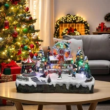 Christmas Village Led Lights Moving Skaters,  Carousel And Ferris Wheel  Functio