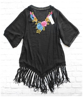 MADE IN ITALY Tunika - Kleid mit Franses   /  Bestickt / Schwarz 38 , 40 , 42