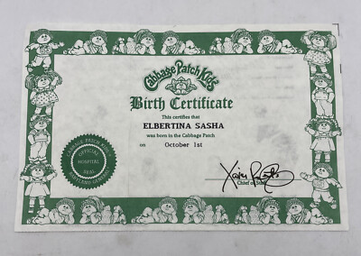 Vtg Cabbage Patch Kids Birth Certificate Adoption Papers 1983 Elbertina Sasha