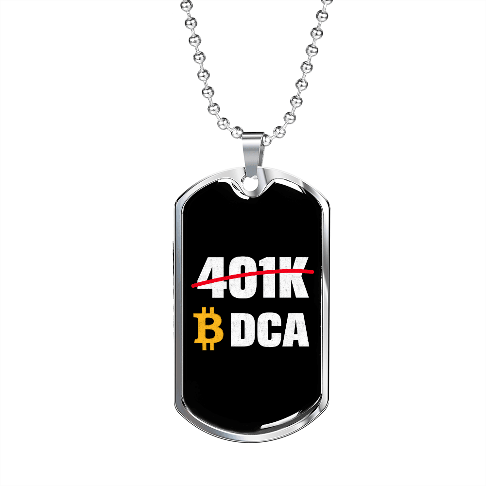401k or DCA Crypto Necklace Stainless Steel or 18k Gold Dog Tag 24