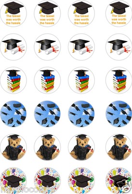 24x PRECUT GRADUATION/CONGRATULATION RICE/WAFER PAPER CUP CAKE TOPPERS ...