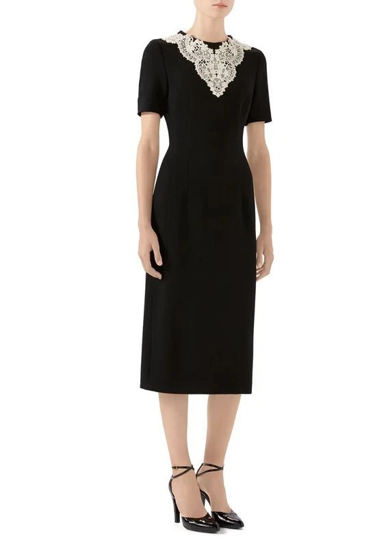 ROBE GUCCI NOIRE LAINE SABLE DENTELLE MIDI MANCHES COURTES 2 taille IT 40 US 4