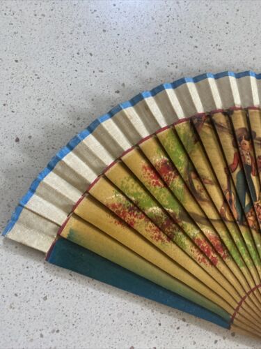Antique Victorian Era Hand Fan Cloth Sandalwood Spanish Western Theme Free Ship - Picture 3 of 11
