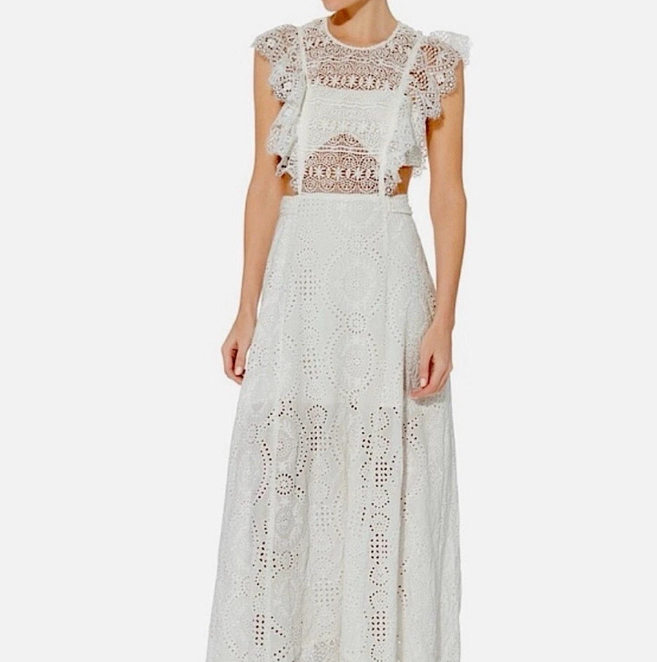 Camisón romántico Cottagecore Boho blanco ojales delantal vestido con recortes en la cintura Foto 2 de 4