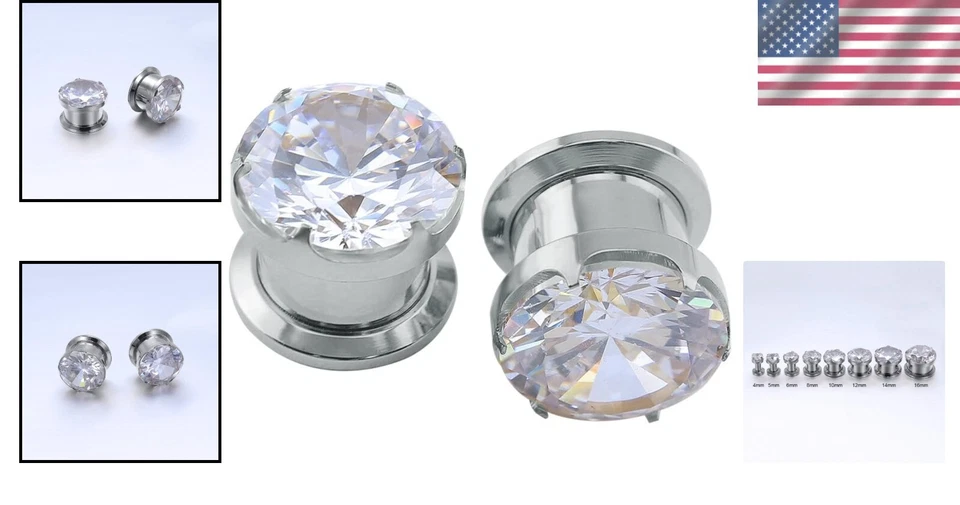 Preciosos medidores de oreja de circonita cúbica - Cómodos tapones expansores de acero inoxidable Foto 2 de 4