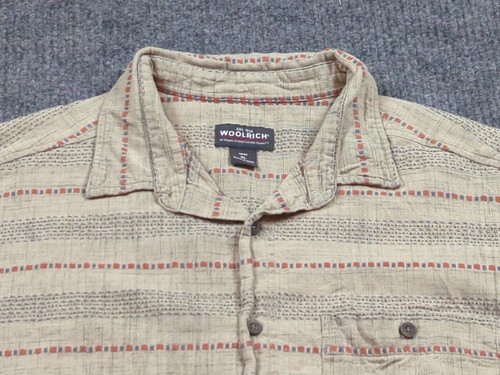 Woolrich Shirt Mens XL Beige Short Sleeve Button Cotton Stripe Outdoor - Picture 2 of 7
