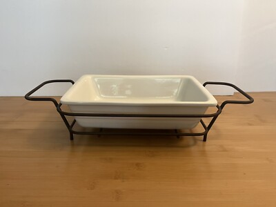 Sur La Table Casserole Dish 10  White Stoneware w/ Metal Holder