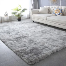 CAIYUECS Shag Area Rug: 6x9ft Ultra Soft Plush, Tie-Dyed Light Gray for Bedroom 