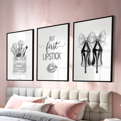 Mode Wandkunst Schönheit Parfüm Make-up Drucke Mädchen schwarz Schlafzimmer Dekor 3er Set