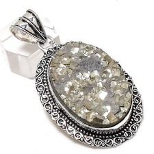 Pyrite Druzy Gemstone Handmade 925 Sterling Silver Jewelry Pendant 2.36