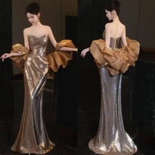Luxury Gold Sequin Evening Dress Mermaid Gown Prom Gown Designer Party Dress
