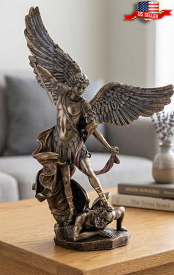 加藤日砂A window Scene Angel in Bronze 14.5 inch Archangel St Michael Statue Bronze Finish Angel Defeats