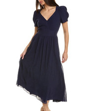 LoveShackFancy Hutchinson Midi Dress V-Neck Cotton Silk Blend Puff Sleeve - 10