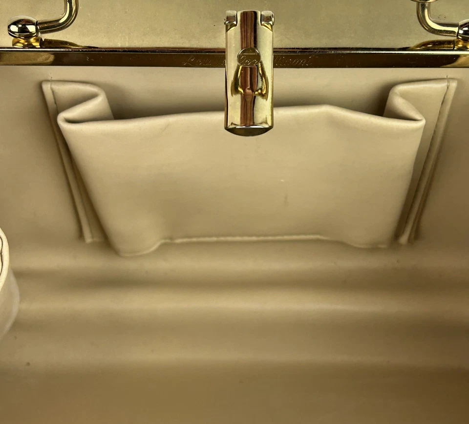 Lou Taylor Vintage Box Bag Purse Gold Metallic upholstered Hinged Handle Glam - Image 2 of 4