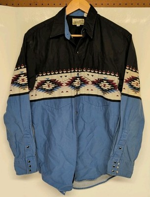 Vintage 90s Express Rider Blue Western Shirt Aztec Pattern Pearl Snap Buttons M