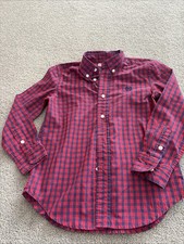 CHAPS Boys Button Down Shirt Long Sleeve Red Navy Plaid Size 7 Preppy