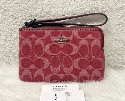 NWT Coach Corner Zip Wristlet In Signature Denim CDF27 in True Red