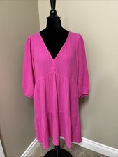 Gap 3/4 Long Sleeve Mini Knee Length Gauze Tier Dress PM Hot Pink V Neck
