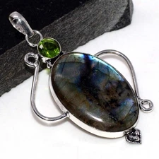 925 Silver Plated Fiery Labradorite Peridot Jewellery Pendant Size 2.7" GW