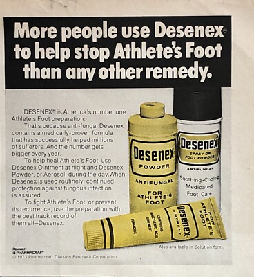 1973 Desenex Antifungal PRINT AD Athletes Foot Powder / Spray / Ointment VTG 70s