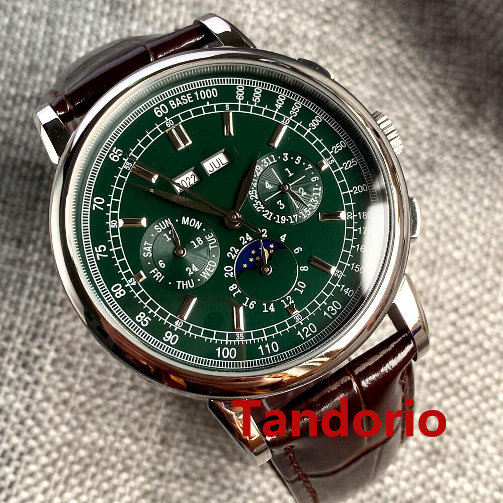 CORGEUT 42mm Men's Automatic Watch - Salmon Dial, Multifunction Month/Date/Week, Exhibition Caseback, Leather Strap