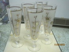 Vintage 1950's Libbey 5 Beer Pilsner Glasses frosted white & gold Pine Cones