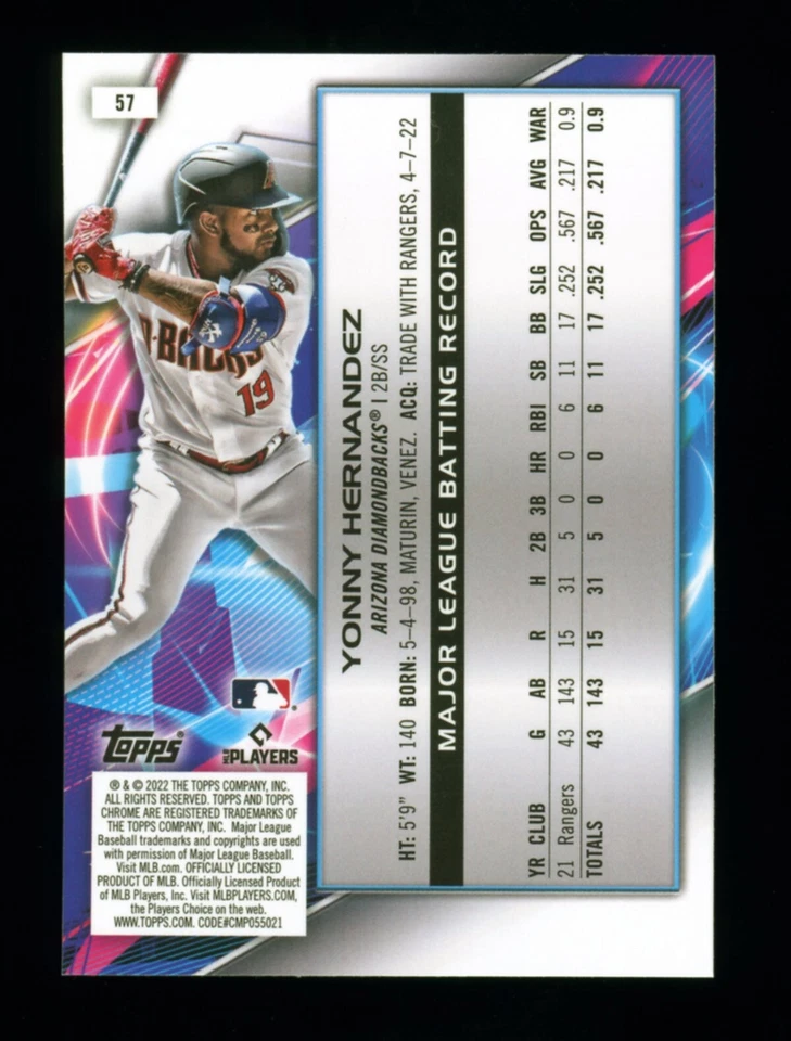 2022 Topps Cosmic Chrome Nucleus Refractor Yonny Hernandez Diamondbacks RC - Image 2 of 2