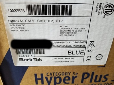 Berk-Tek 24/4P HyperPlus Cat5E Riser U/UTP Network Cable Blue /100ft